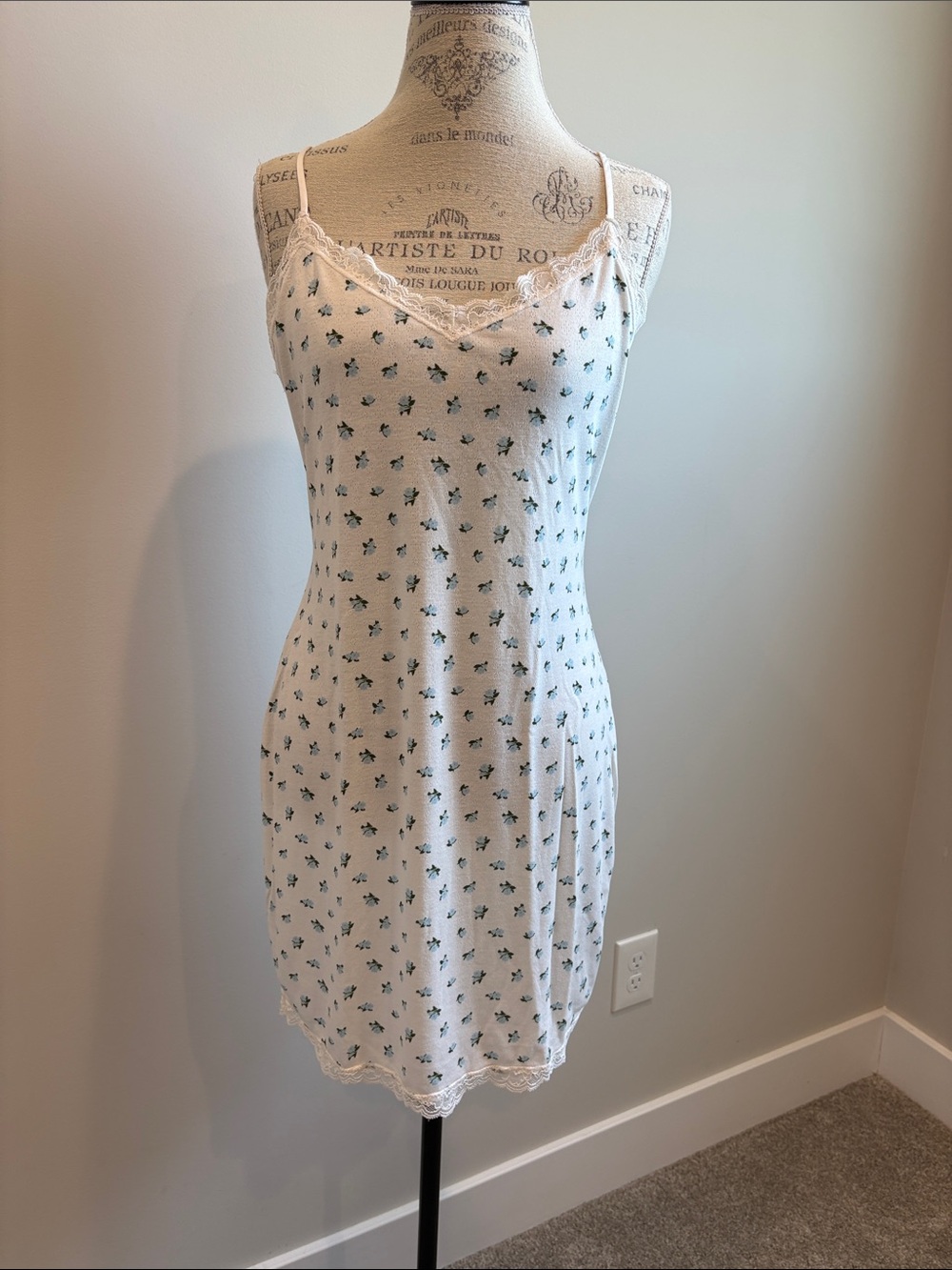 Victoria's Secret White Slip with Green Floral Print and Lace Trim